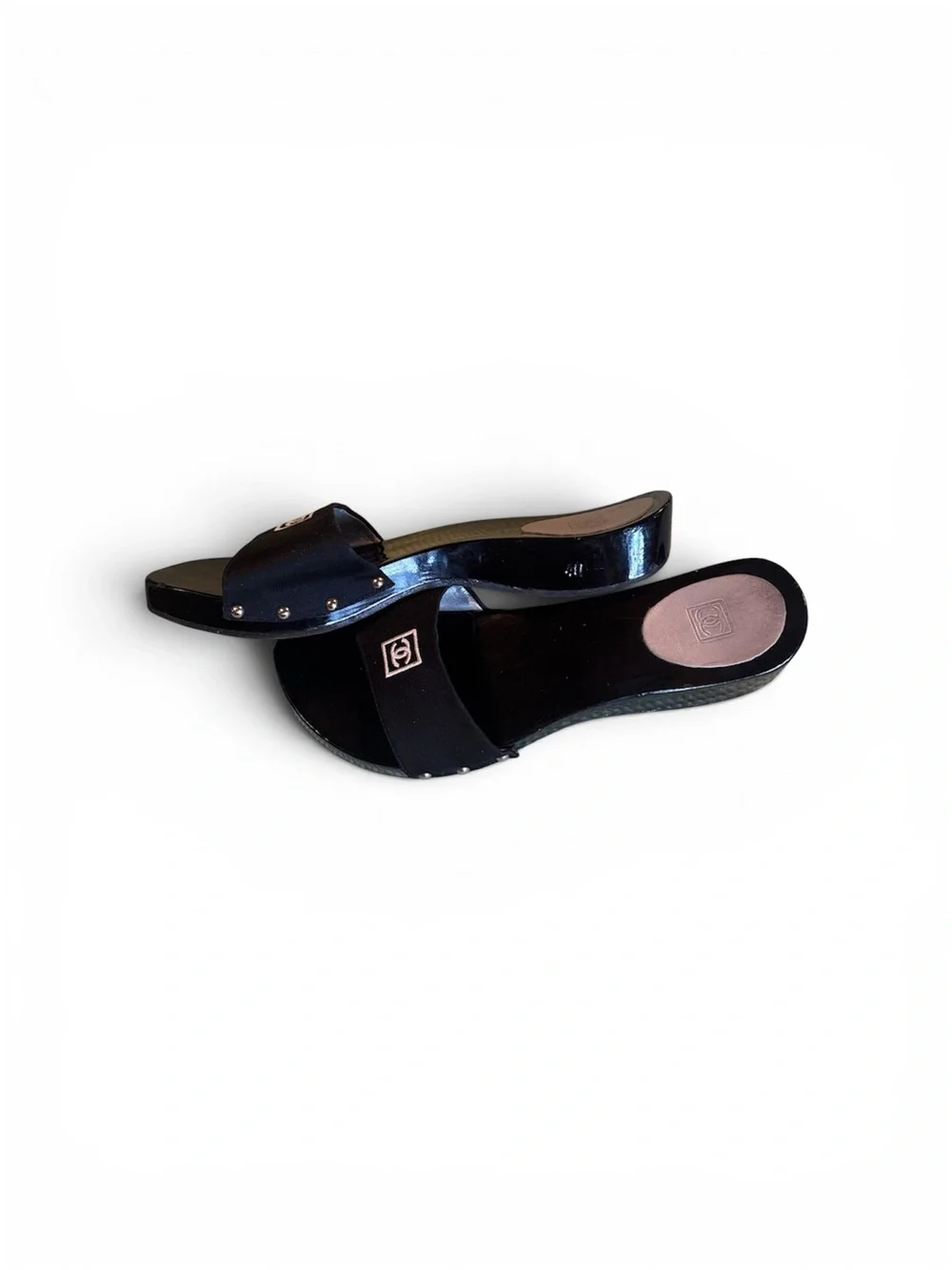 CHANEL Black Slide Sandals with White CC Logo